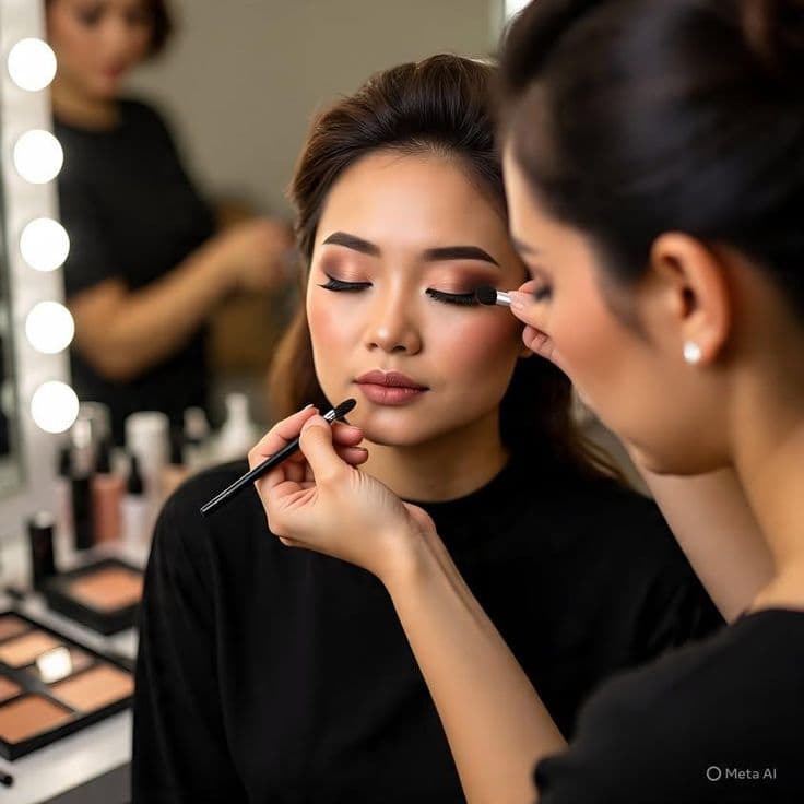 An artist doing a client's eye makeup at a lit mirror